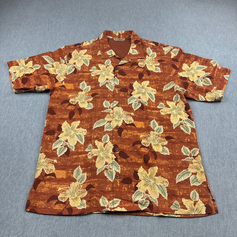 Tommy Bahama Hawaiian Shirt Mens‎ Medium Orange Floral 100% Silk Camp Aloha